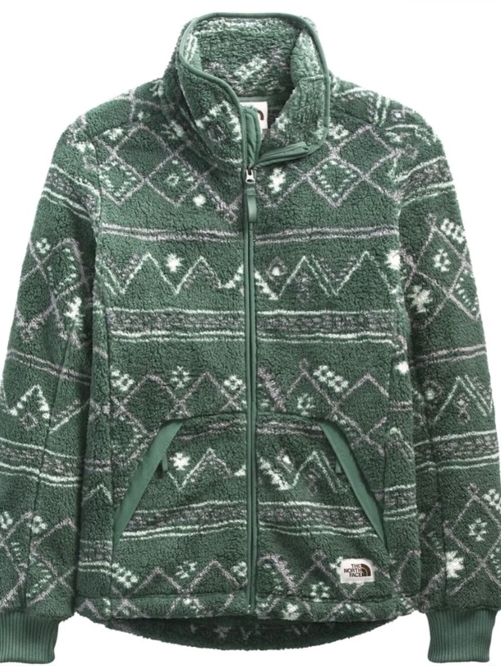 North Face Campshire Green Sherpa Fleece Full-Zip Jacket Women Medium Geometric